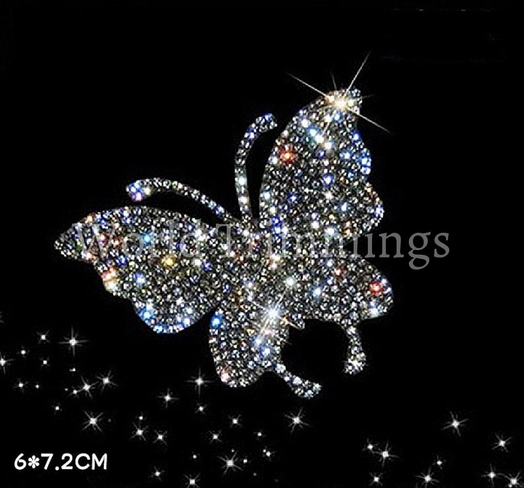 2Pcs Butterfly Shape Crystal Decal Emblem Decor Rhinestone Transfer Iron On Hot Fix Bling Motif For