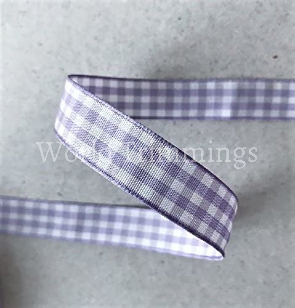 5/8 Wide Classic Checkered Ribbon Cotton Ribbon Selling Per Roll/25 Yards Color Lilac With White