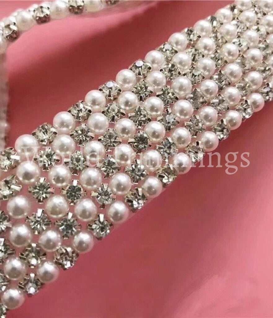 6 Rows Rhinestone Good and Pearl Trim, Wedding Dress Strap, Beaded Bri World Trimmings 6 Rows Rhinestone Good and Pearl Trim, Wedding Dress Strap, Beaded Bri World Trimmings