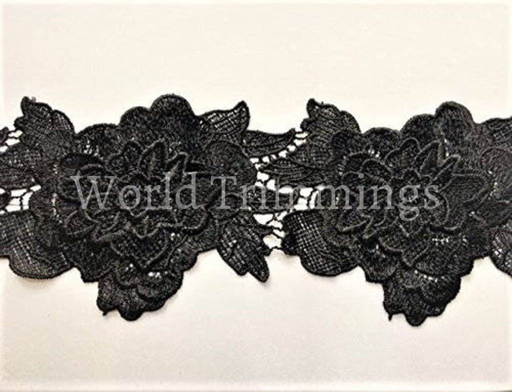 Black Venice Lace Trimming 5 Wide 3D Flower Selling Per Yard Bridal Accessories