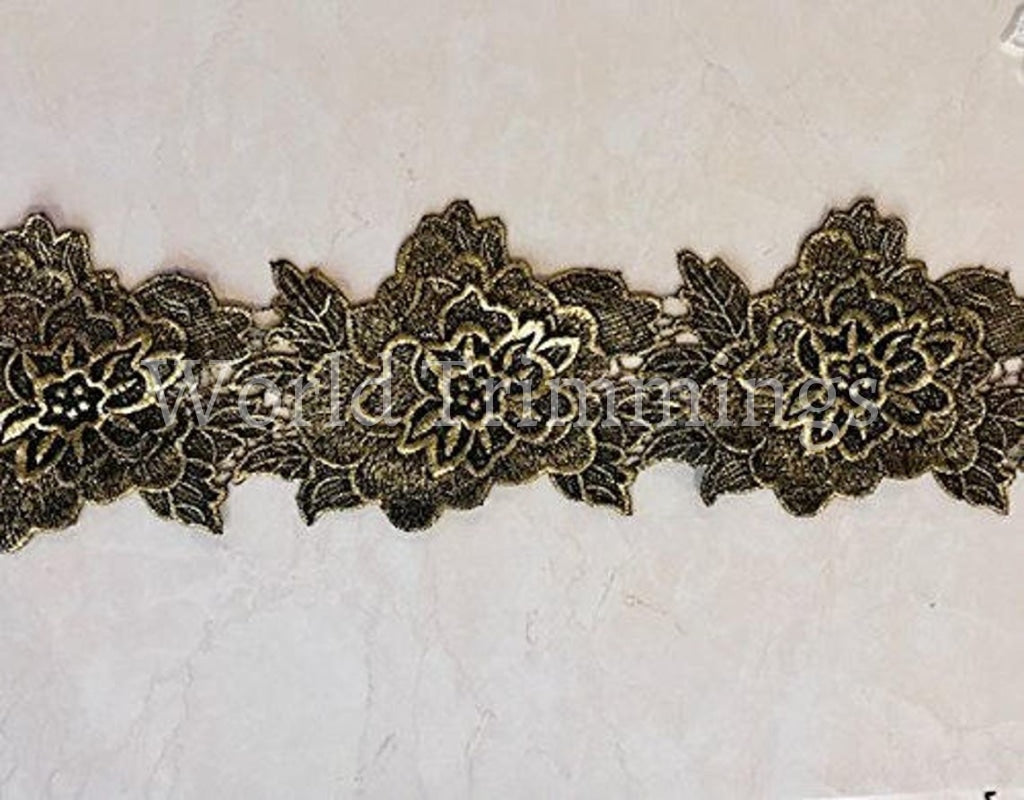 Black With Gold Flower Venice Lace Trimming 5 Inch Width 3D Selling Per Yard Clothing Accessories