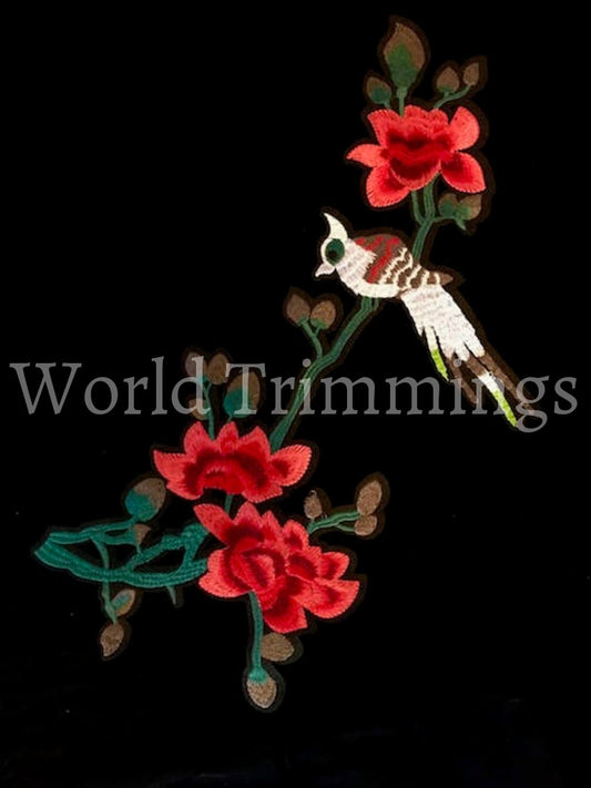 1 Pcs Of Birds With Flower Sitting On The Bench Embroidered Applique Patch Adhesive Headpiece For