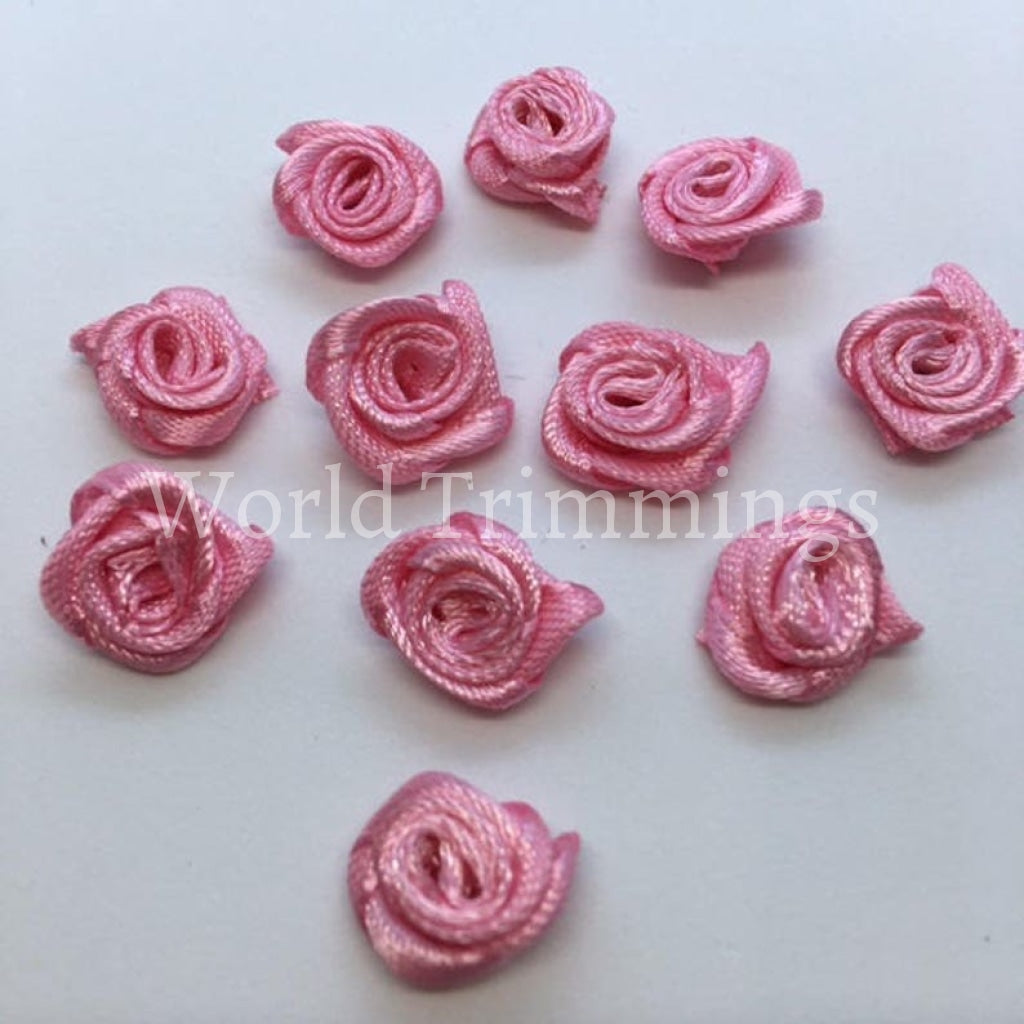 1/2 Mini Roses Flowers Satin Ribbon Applique Price Per Bag/50 Pcs Pink Clothing Accessories