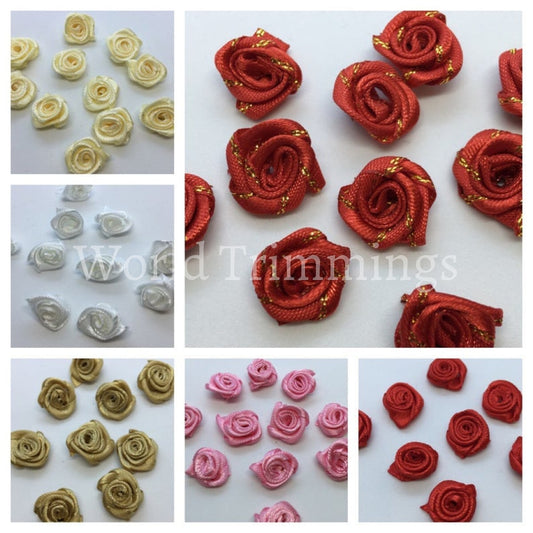 1/2 Mini Roses Flowers Satin Ribbon Applique Price Per Bag/50 Pcs Red Clothing Accessories