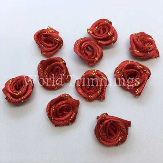 1/2 Mini Roses Flowers Satin Ribbon Applique Price Per Bag/50 Pcs Red/gold Clothing Accessories