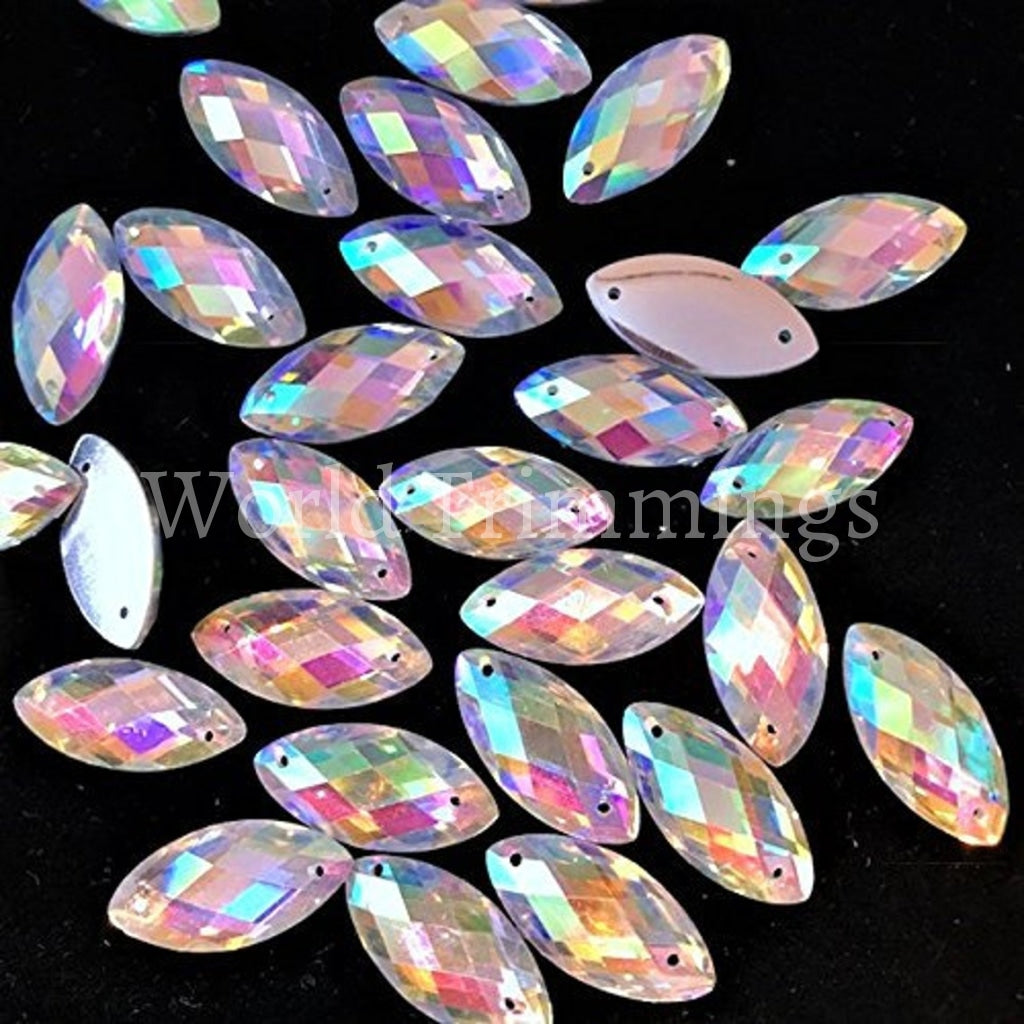 12X25Mm Crystal Ab Navette Resin Stone Rhinestones Flat Back Clear Aurora Borealis Marquise Sew On