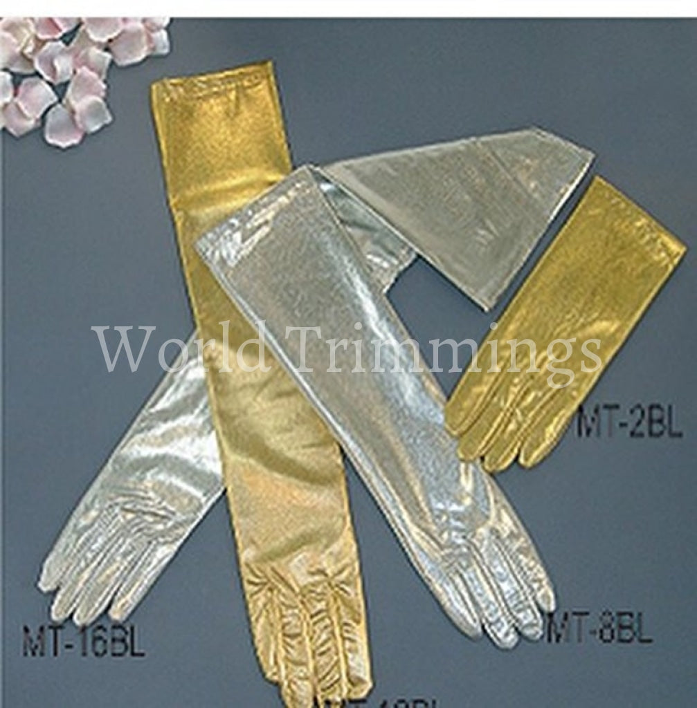 15 Long Shiny Stretch Satin Dress Gloves Below-The-Elbow Length 8Bl Metallic Silver & Mittens