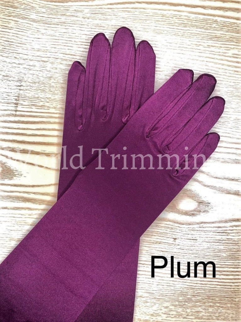 15 Long Shiny Stretch Satin Dress Gloves Below-The-Elbow Length 8Bl Plum & Mittens