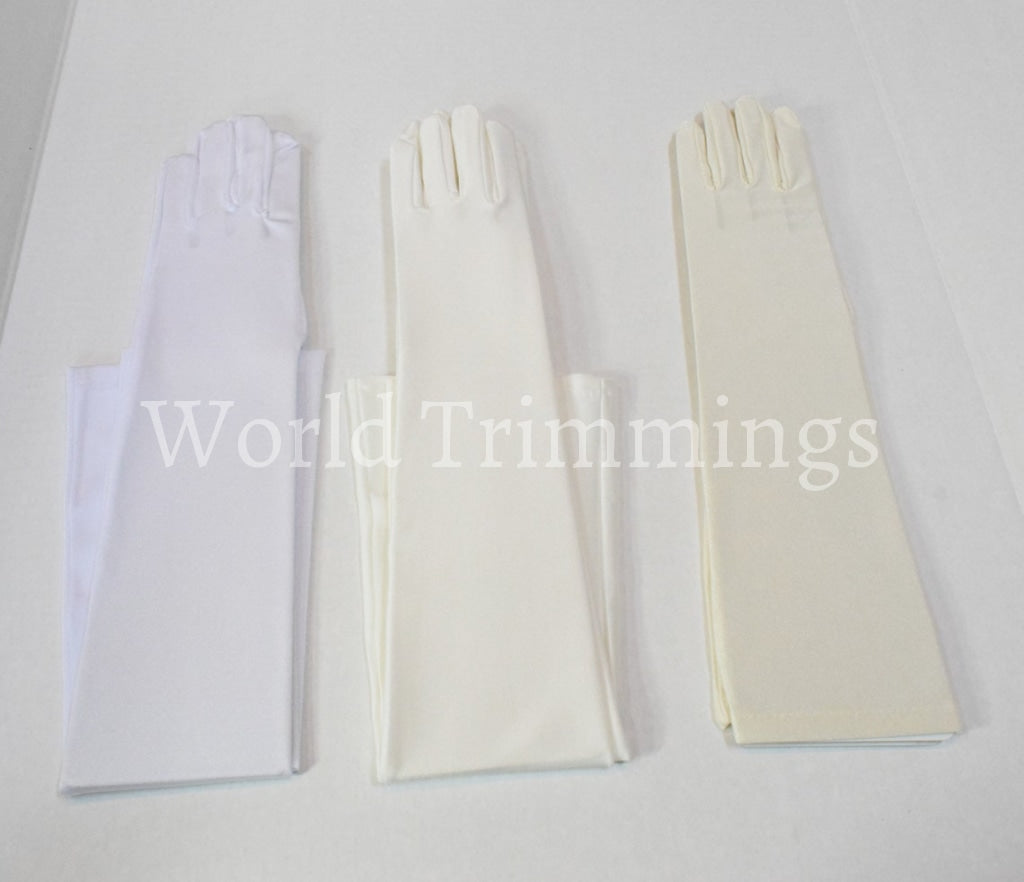 15 Long Shiny Stretch Satin Dress Gloves Below-The-Elbow Length 8Bl White & Mittens