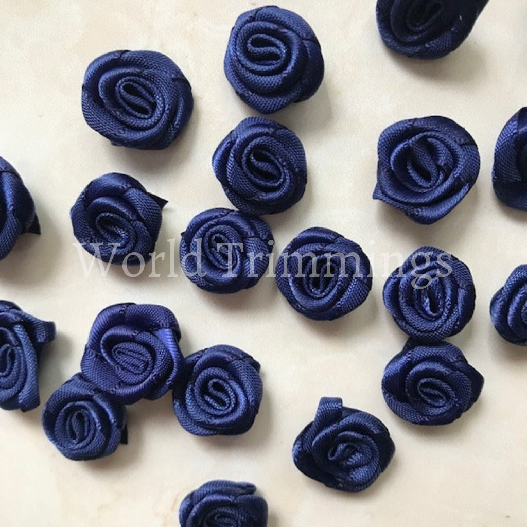 18Mm Small Navy Blue Rose Flower Satin Ribbon Blue Handmade Rose/50 Pieces Clothing Accessories