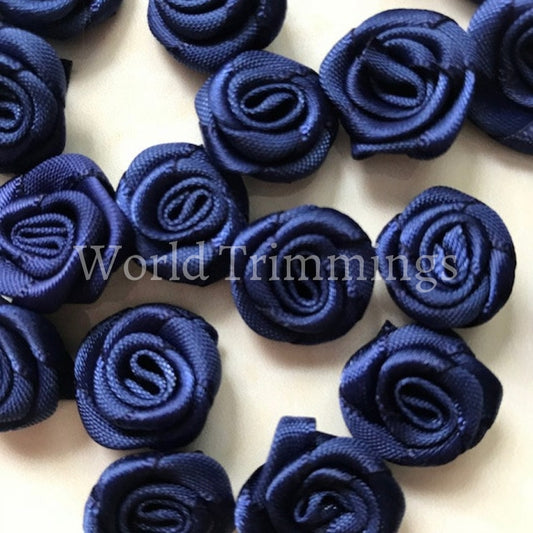 18Mm Small Navy Blue Rose Flower Satin Ribbon Blue Handmade Rose/50 Pieces Clothing Accessories