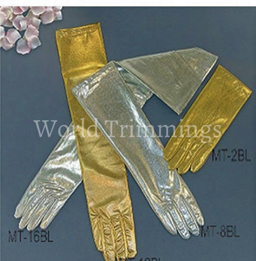 19.5 Long Stretch Opera Satin Dress Gloves 12Bl Metallic Silver & Mittens