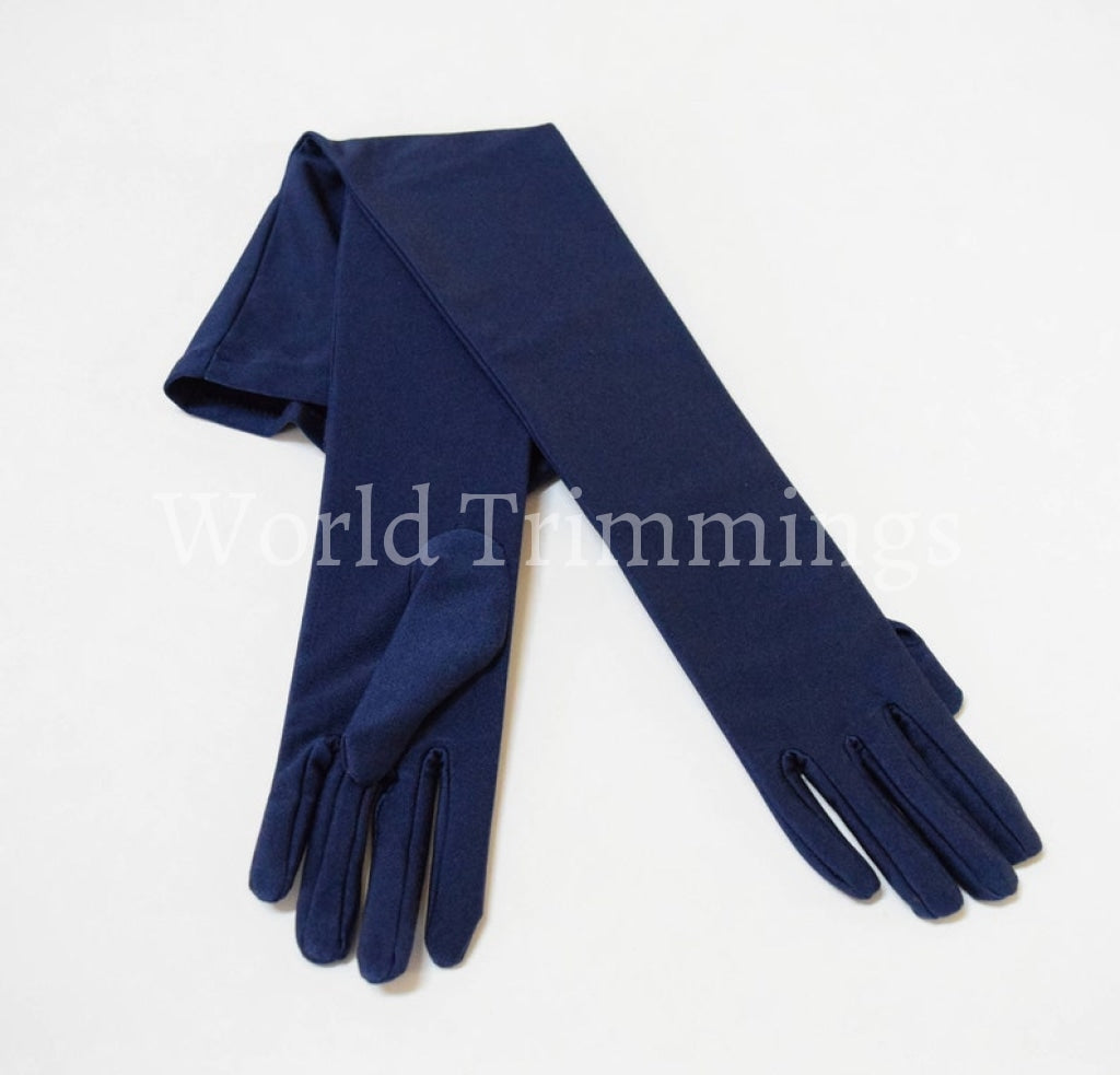 19.5 Long Stretch Opera Satin Dress Gloves 12Bl Navy Blue & Mittens