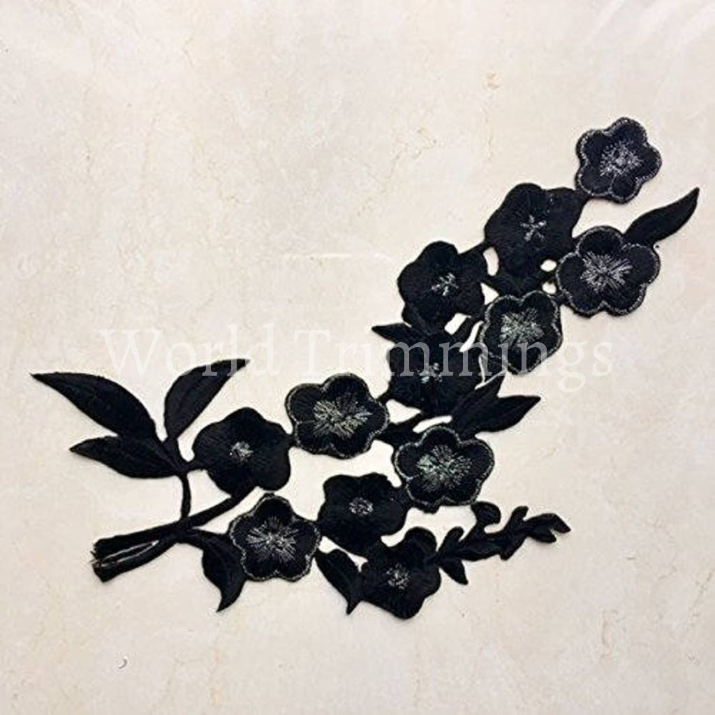 2 Pcs Of Black Flower Embroidered Applique Patch Lace Embroidery Adhesive Headpiece For Diy Dress