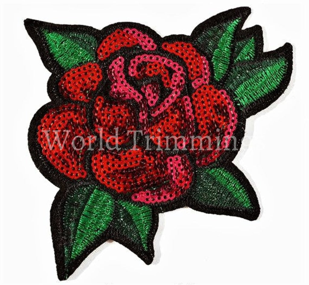 2 Pieces 4 Sequins Red And Green Floral Iron-On Applique Adhesive Headpiece For Diy Dress Fashion