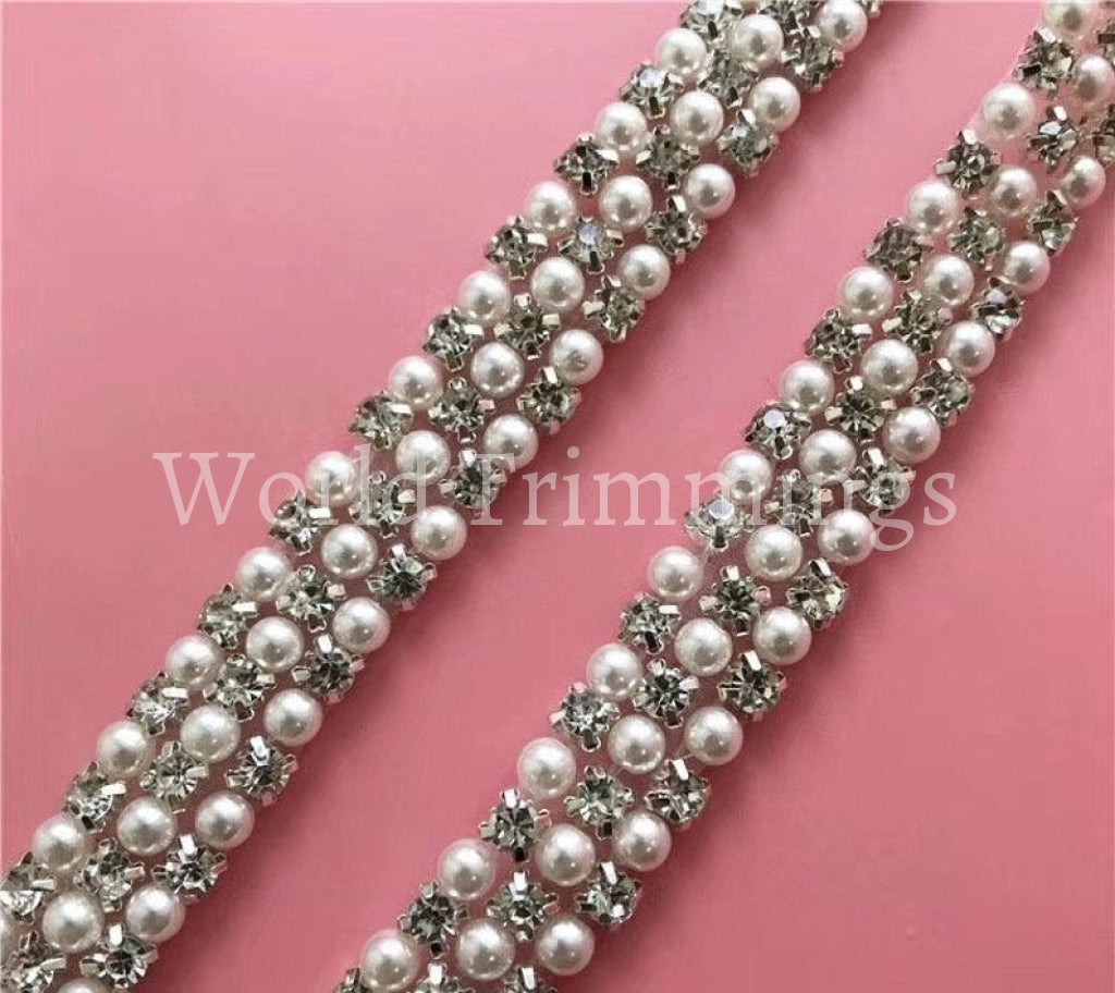 3 Rows Rhinestone Good E And Pearl Trim Wedding Dress Strap Beaded Bridal For Sashes Belts Headbands