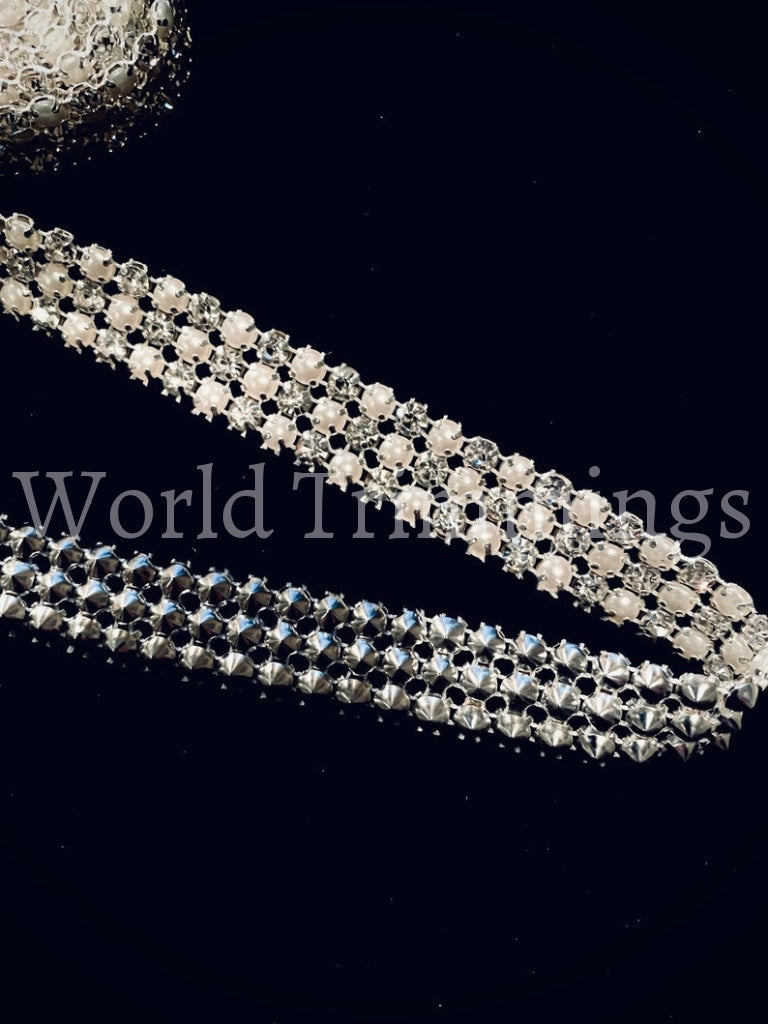 Crystal Rhinestone trim with pearls, beaded rhinestone bridal applique for  wedding gown or Sash(selling per yard)