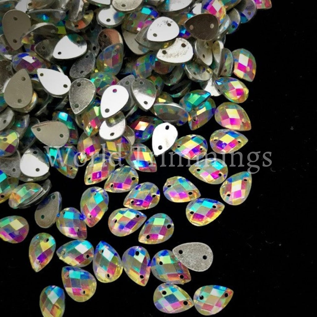 300Pcs 7Mm X 10Mm Teardrop Shaped Flatback Resin Crystal Or Ab Sewing Rhinestone With Double Holes