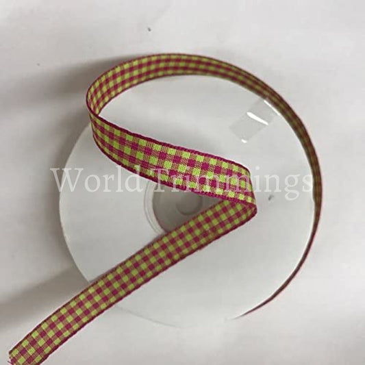 3/8 Wide Classic Checkered Ribbon Cotton Ribbon Selling Per Roll/25 Yards Color Fuchsia With Neon
