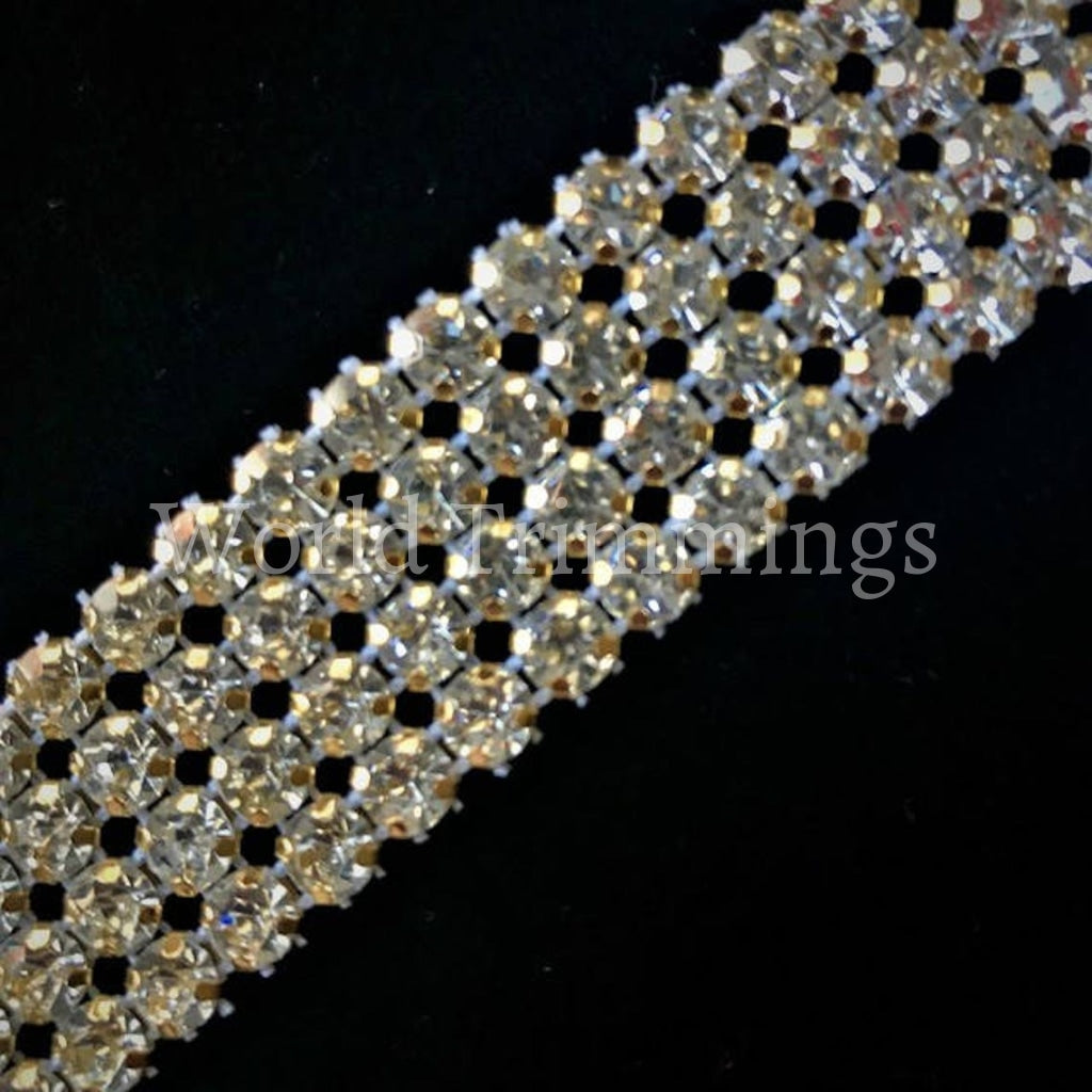 4-Row Machine Cut Crystal Rhinestone With Gold Setting Banding Trim Wedding By 1 Yard Bridal