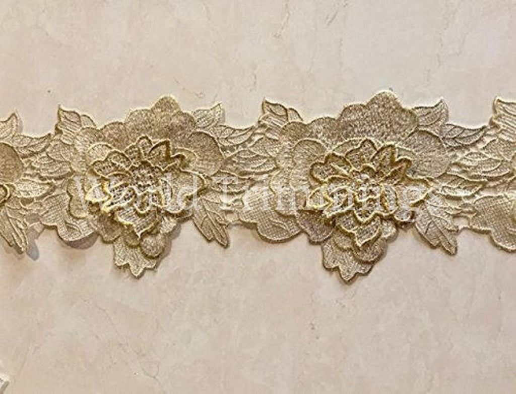 5 Wide 3D Cream With Gold Flower Venice Lace Trimming Selling Per Yard Baby & Toddler Clothing