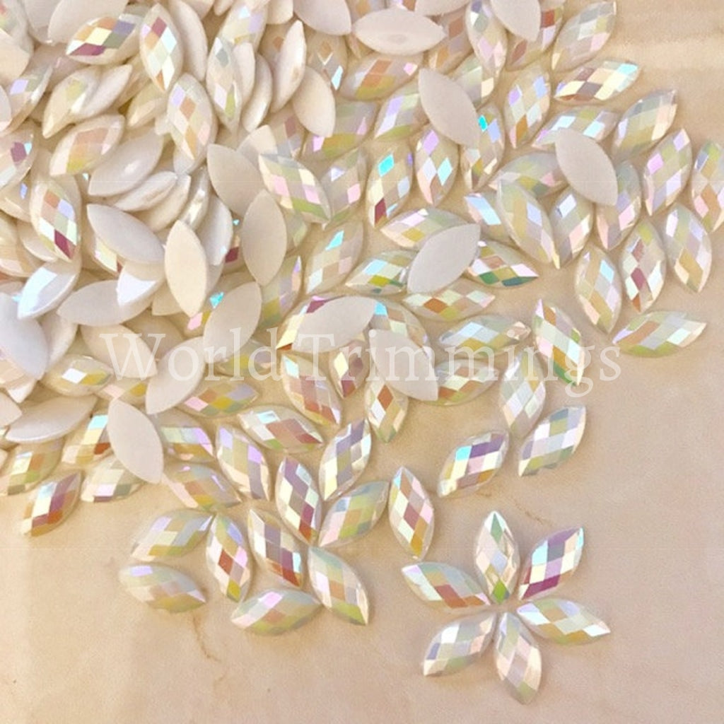 500 Pieces 7Mmx15Mm Acrylic Beads Navette Gem Stone White Ab Costume Accessories