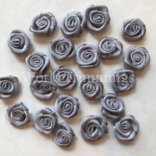 5/8 Inch 18Mm Small Silver Grey Rose Flower Satin Ribbon Silver Handmade Rose/50 Pieces Costumes &