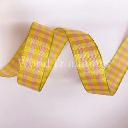5/8 Wide Classic Checkered Ribbon Cotton Ribbon Selling Per Roll/25 Yards Color Golden Yellow With