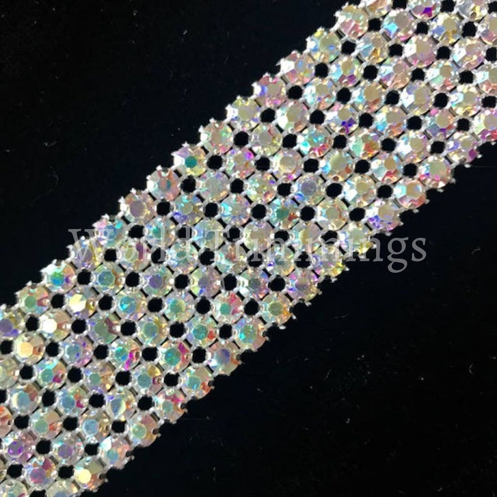 6-Row Rhinestone Band Crystal Ab/silver Metal Point Setting Price Per Yard Clothing Accessories