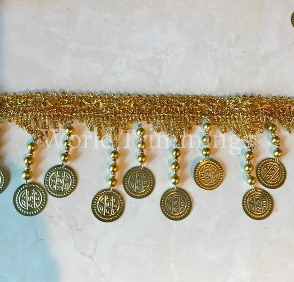 Belly Dance Fringe Trim With Coins - Metal Coin & Beaded 3 Long In Gold Or Silver/price Per Yard