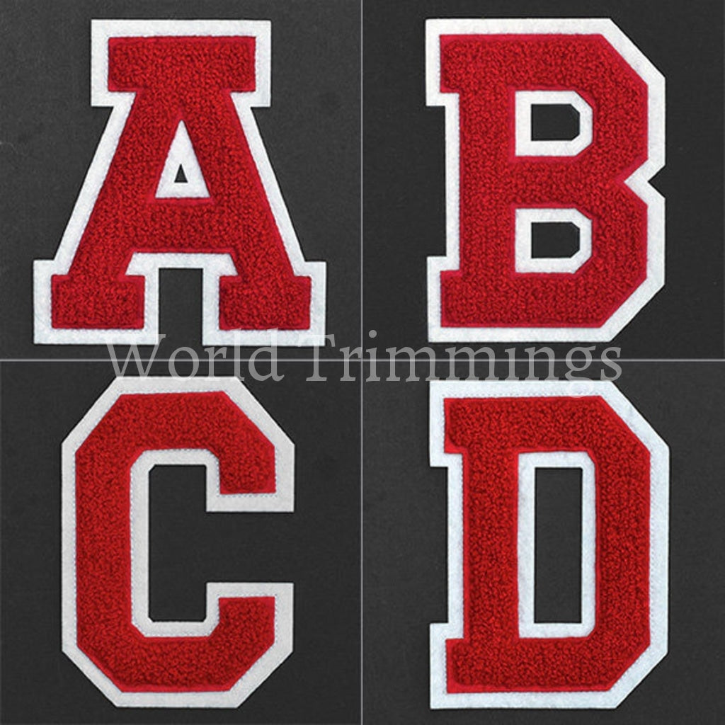 Chenille Stitch Varsity Letters Iron-On Patch Price Per Piece Red/white A Jeans T-Shirts. Jackets