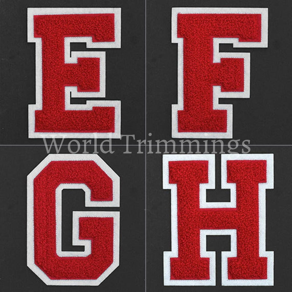 Chenille Stitch Varsity Letters Iron-On Patch Price Per Piece Red/white E Jeans T-Shirts. Jackets