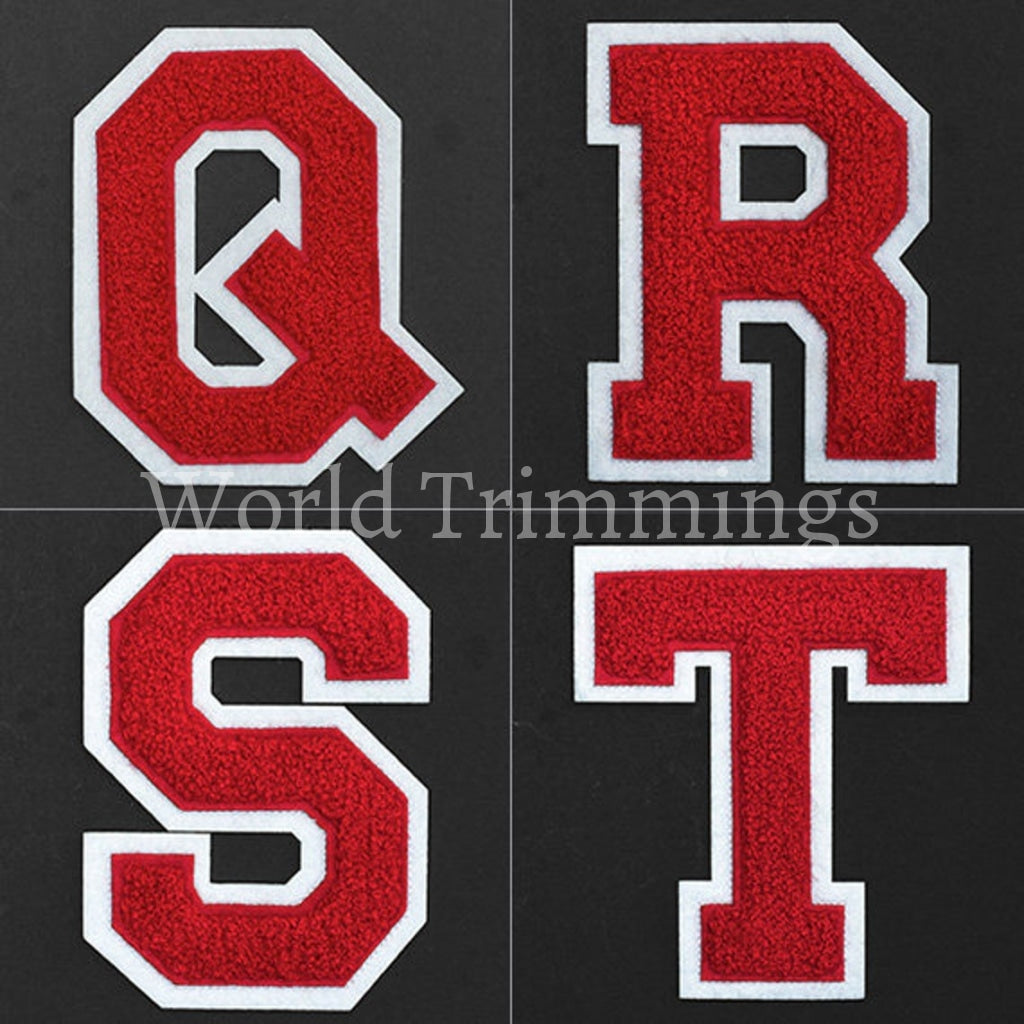 Chenille Stitch Varsity Letters Iron-On Patch Price Per Piece Red/white Q Jeans T-Shirts. Jackets