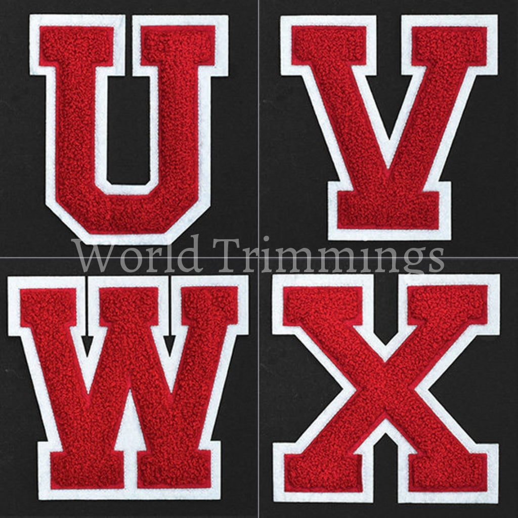 Chenille Stitch Varsity Letters Iron-On Patch Price Per Piece Red/white U Jeans T-Shirts. Jackets