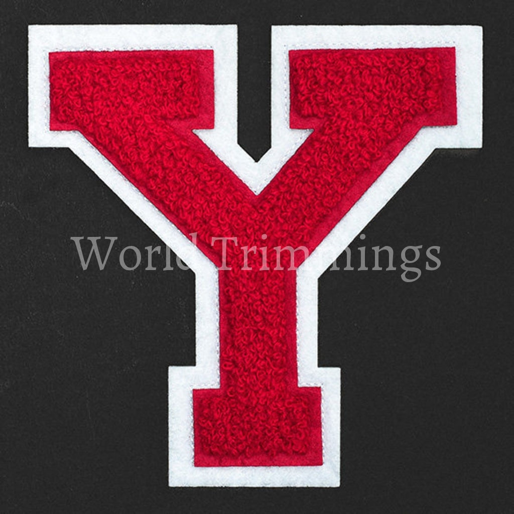 Chenille Stitch Varsity Letters Iron-On Patch Price Per Piece Red/white Y Jeans T-Shirts. Jackets