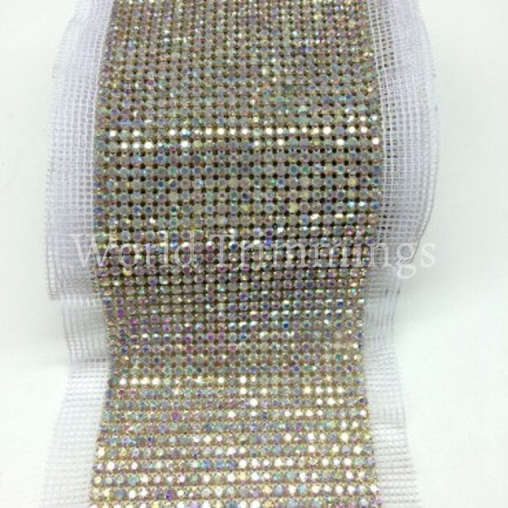 Crystal Ab Rhinestone Mesh With Silver Setting Sewing Trim Wedding Cake Banding 1 Yard 24 Rows