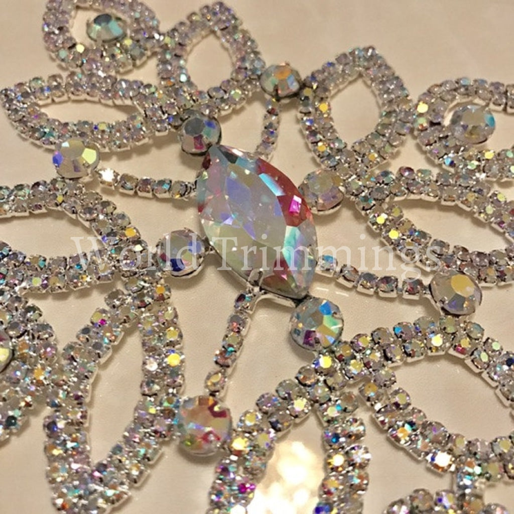 Diamond Shape Silver Beaded Applique with Clear Rhinestones and