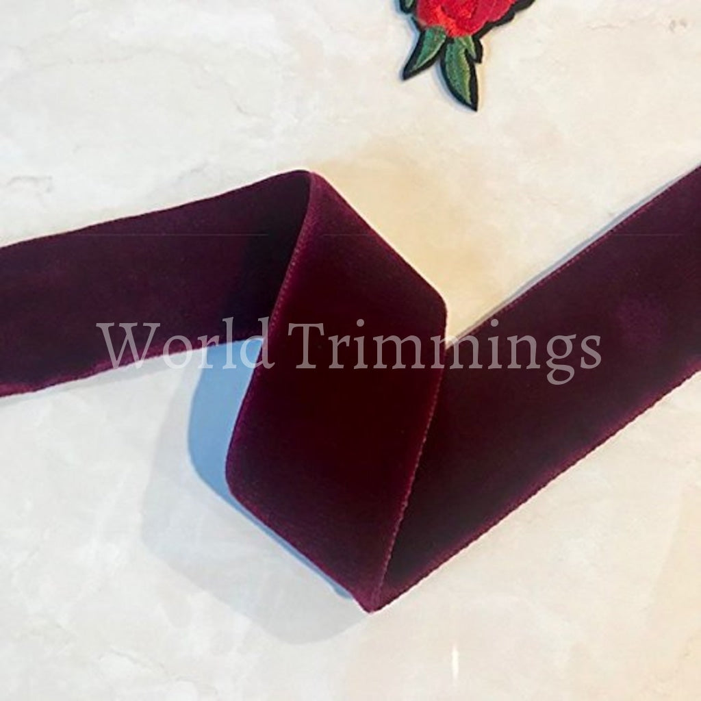 Double Face Nylvalour Swiss Velvet Nylon Ribbon 1.5-Inch Burgundy Made In Switzerland/ Price Per