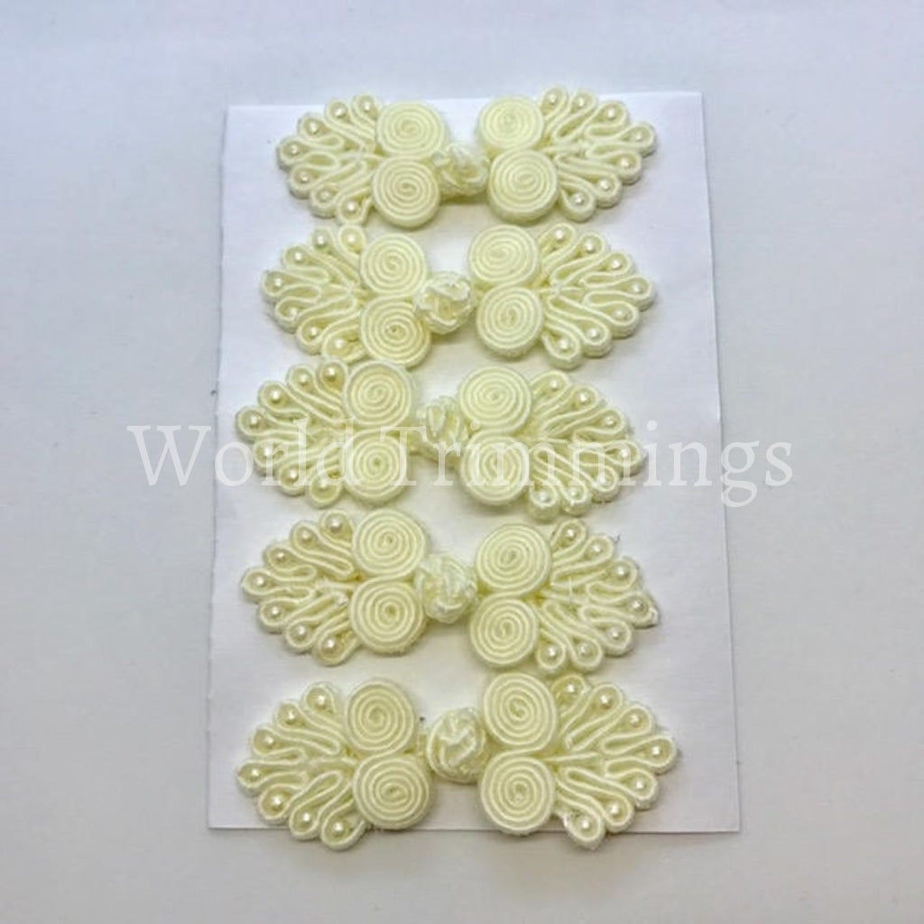 Five Pairs Of Bead Chinese Frogs Fasteners Closure Buttons Ivory Clothing Accessories