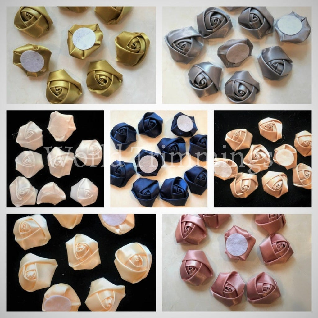 Flat Back Mini 3D Satin Rose Flower Accessories Handmade Rolled Rosettes For Hair Clip Or Headband