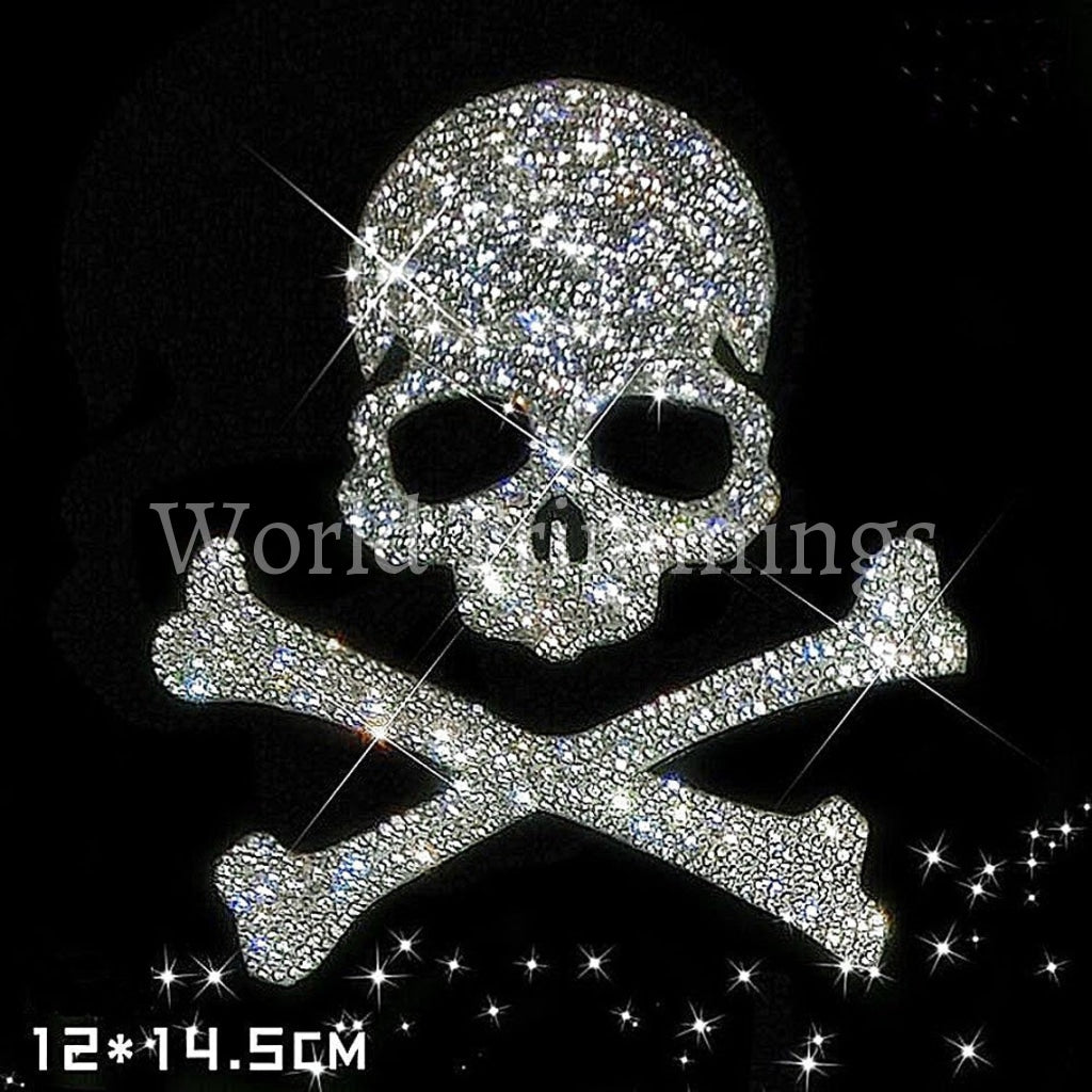 Large Skull And Crossbones Rhinestone Transfer - Iron On Hot Fix Crystal Bling Shirts Design Motif