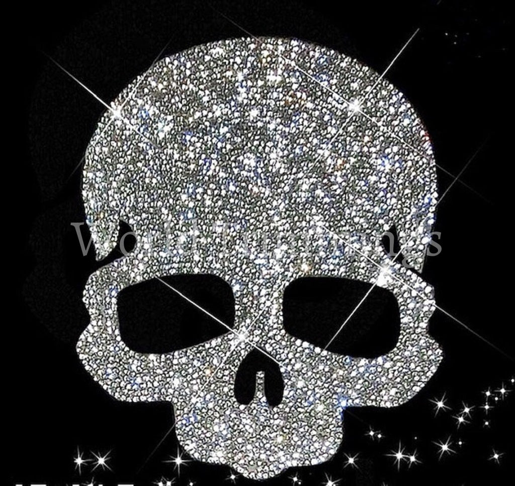 Large Skull Rhinestone Transfer - Iron On Hot Fix Crystal Bling Shirts Design Motif For Hat Jacket