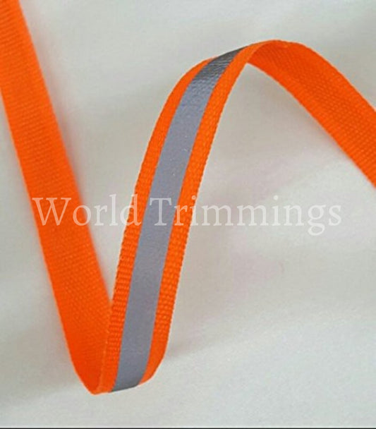 Neon Green Or Orange Reflective Glo Grosgrain Ribbon - 3/8 Silver Stripe -100% Polyester / Sports