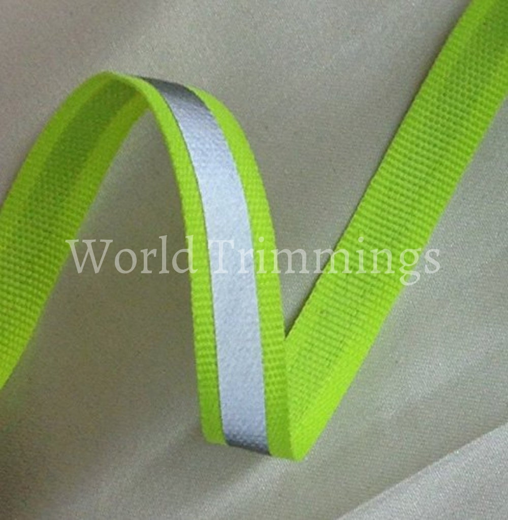 Neon Green Or Orange Reflective Glo Grosgrain Ribbon - 3/8 Silver Stripe -100% Polyester / Sports