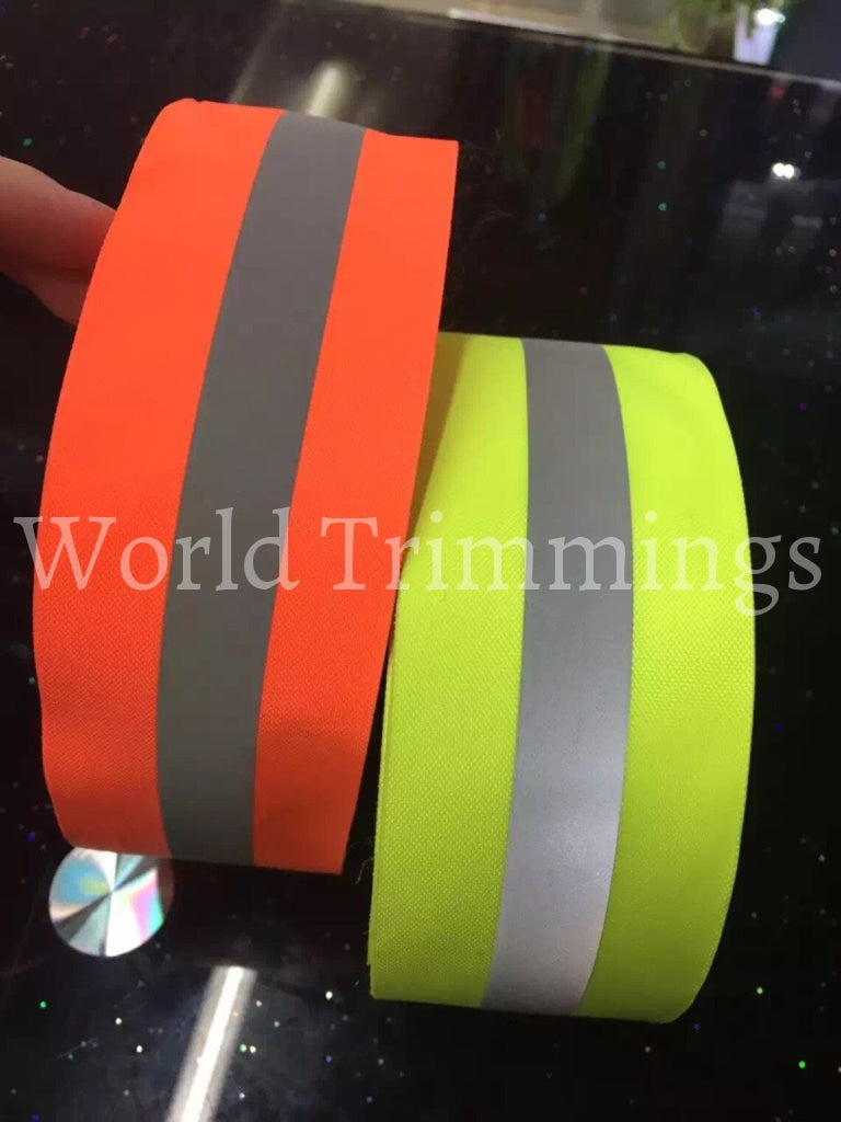 Neon Green Or Yellow Reflective Glo Grosgrain Ribbon - 2 Silver Stripe -100% Polyester / Sports