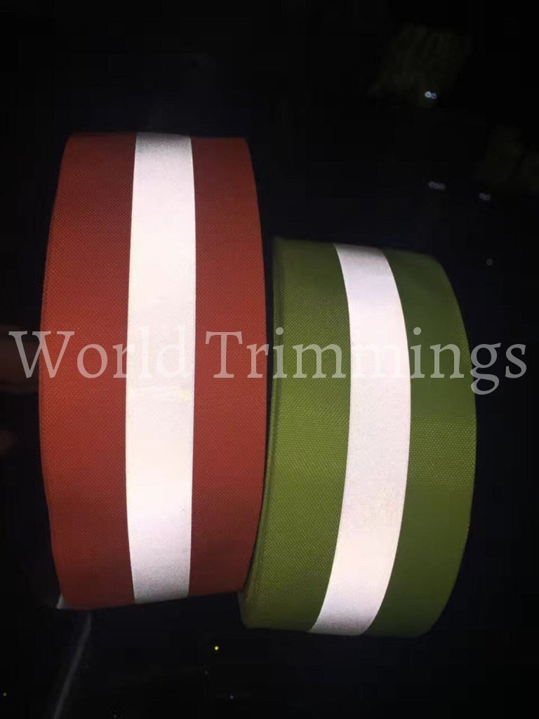 Neon Green Or Yellow Reflective Glo Grosgrain Ribbon - 2 Silver Stripe -100% Polyester / Sports