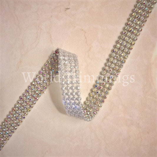 Silver Crystal Ab Mesh With Setting 4 Rows (3Mm Ab) Ribbon Iron-On Diamante Reel Bridal Accessories