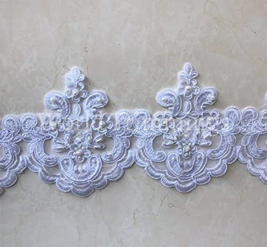 White Pearl Beaded Lace Trim Bridal Alencon Sequined For Veil Dress Bridal Accessories